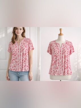 TOMMY HILFIGER Floral Blouse Red White Short Sleeve Relaxed Fit SIZE XL